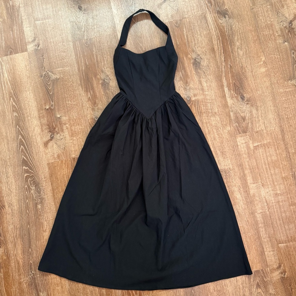 Black corset halter dress with drop waist & pockets